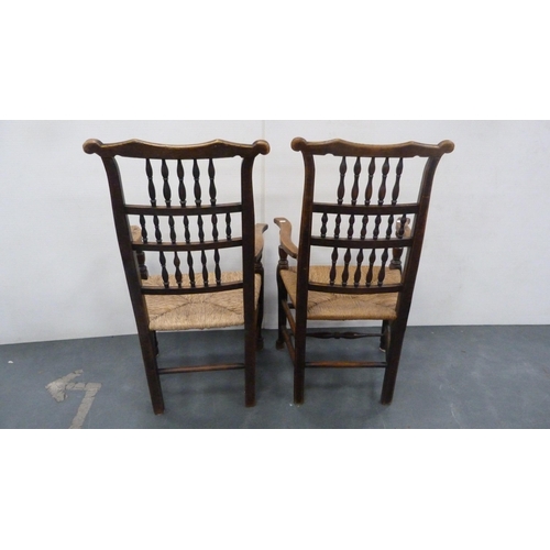 326 - Set of eight Lancashire-style ash dining chairs, c. early 20th century, with bobbin supports and rus... 