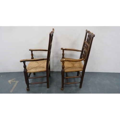 326 - Set of eight Lancashire-style ash dining chairs, c. early 20th century, with bobbin supports and rus... 