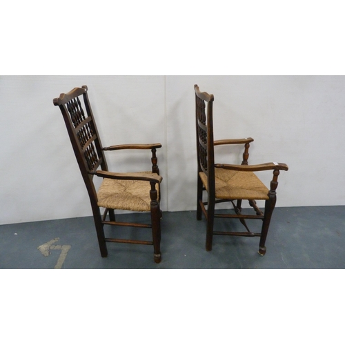 326 - Set of eight Lancashire-style ash dining chairs, c. early 20th century, with bobbin supports and rus... 