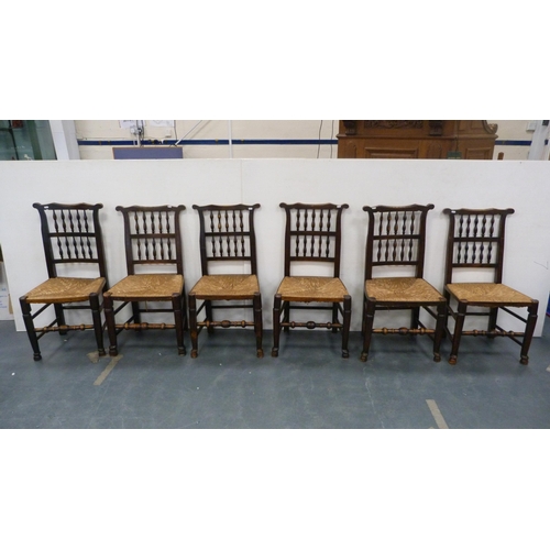 326 - Set of eight Lancashire-style ash dining chairs, c. early 20th century, with bobbin supports and rus... 