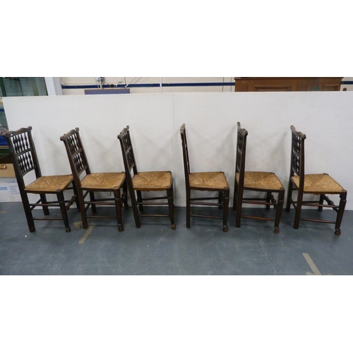 326 - Set of eight Lancashire-style ash dining chairs, c. early 20th century, with bobbin supports and rus... 