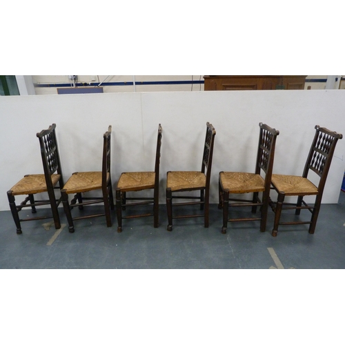 326 - Set of eight Lancashire-style ash dining chairs, c. early 20th century, with bobbin supports and rus... 