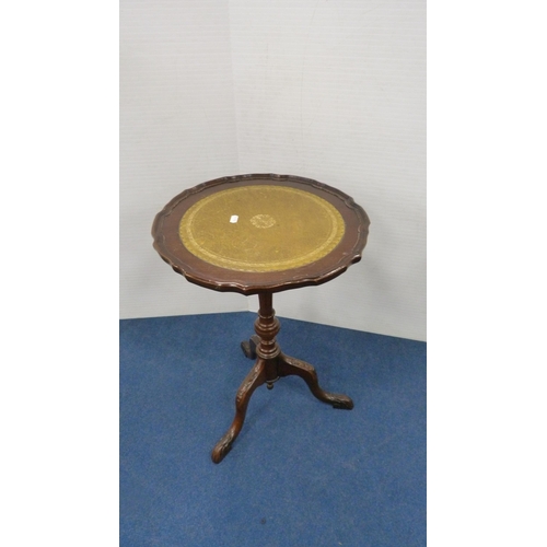 347 - Demi-lune table on fluted supports, nest of three tables with brown skivers and glass tops, on pad f... 