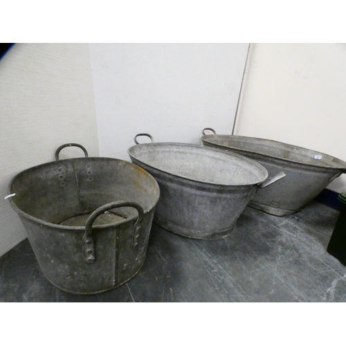 353 - Graduated vintage zinc baths, wash boards and a brass jam pan with iron handle.