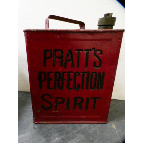 354 - Pratts Perfection painted spirit can, a similar spirit can and a group of paraffin lamps.