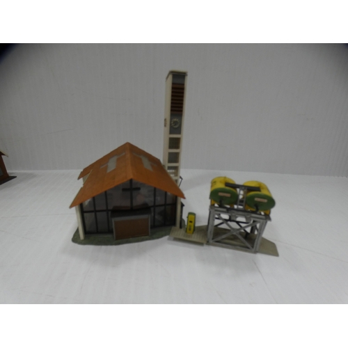 5 - Two boxes of assorted model buildings, tunnels, fuel tanks etc.