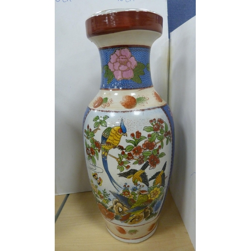 51 - Pair of reproduction Oriental vases, Chinese vase, box and cover, and a contemporary mother of pearl... 