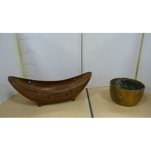 53 - Group of treen and wood items to include elephant figures, fruit, Indian-style dish, brass pot, wick... 