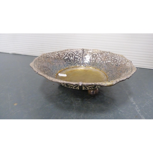 56 - Large Indian Benares brass tray and a pierced EP bowl.  (2)