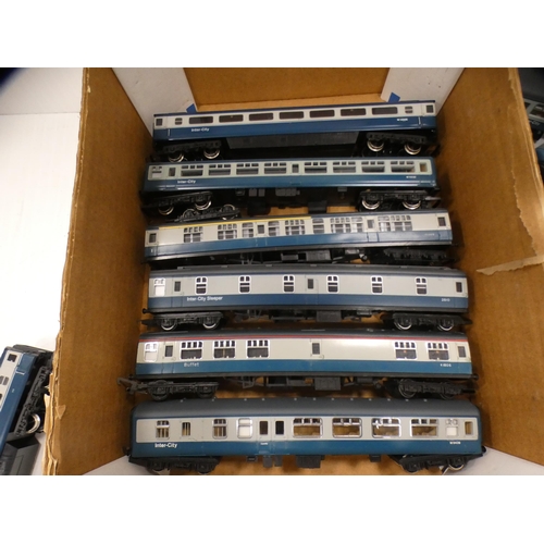 7 - OO gauge Inter-city carriages and a boxed overhead power supply etc.