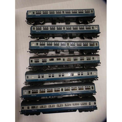 7 - OO gauge Inter-city carriages and a boxed overhead power supply etc.