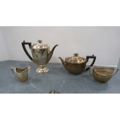 81 - Group of metalware to include a four-piece gadrooned EP tea set, oval serving tray, boxed cutlery, a... 