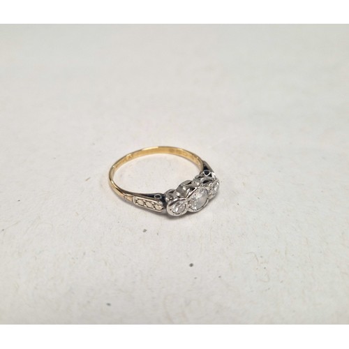 122 - 18ct gold and platinum diamond trilogy ring, 2g, ring size O, diamonds approx. 0.7ct gross