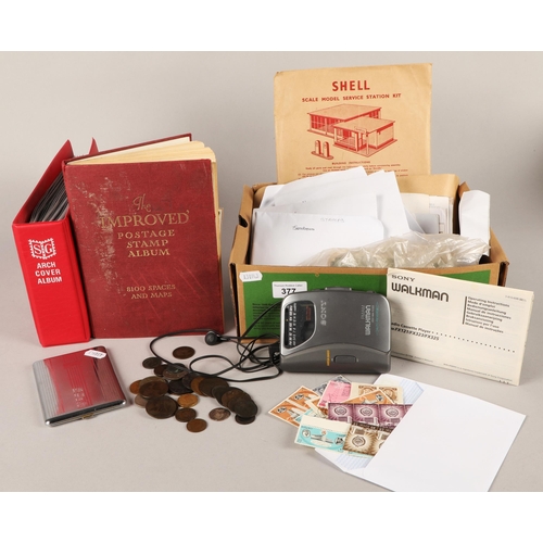 377 - Assorted items to include stamps, Sony walkman, old coins British, Irish, Georgian, etc, Shell scale... 