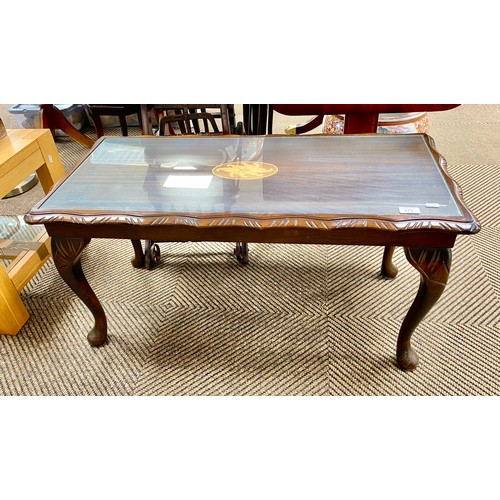 573 - Mahogany inlayed coffee table with glass insert, L : 96cms, D : 45cms, H : 47cms