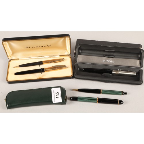 145 - Pens to include Parker, Waterman's, Parker, Pelikan, some 14K gold nibs