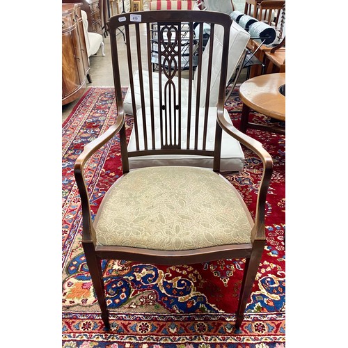 610 - Edwardian mahogany inlaid open armchair