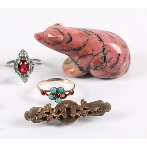 146 - Jewellery to include 9tc gold, silver, gem set, and a rhodonite bear, gross weight of gold 2.5g