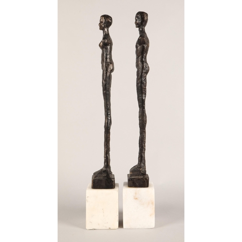 34 - Pair bronzed figures on marble bases, each approx. 53cm h.