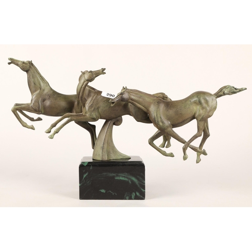 290 - Cast metal sculpture of three horses, another model of female archer etc