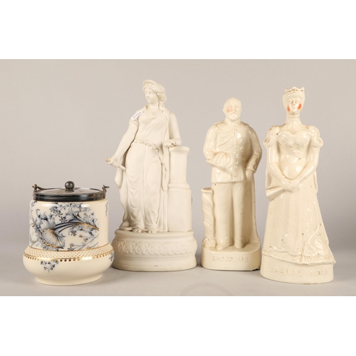 323 - Staffordshire style figurines Queen Alexandra and King Edward , a parian ware figure and carlton war... 