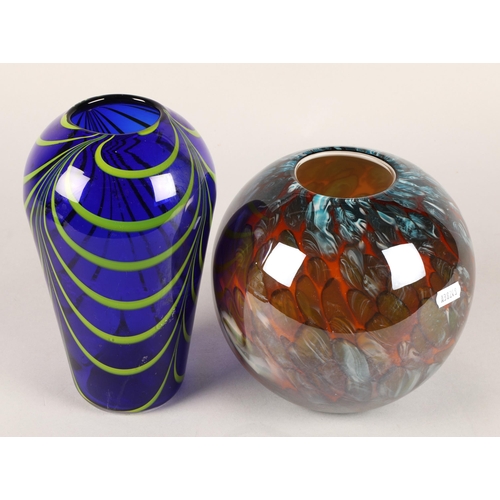 361 - Two glass vases, to include one blue with green stripes and circular and red and blue marble pattern... 