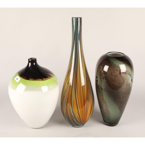 382 - Three assorted glass vases, to include green marble effect, rainbow stripe and lime green stem vase ... 