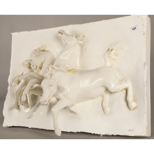 440 - Plaster galloping horses wall relief, 50cms x 72cms