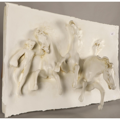 440 - Plaster galloping horses wall relief, 50cms x 72cms