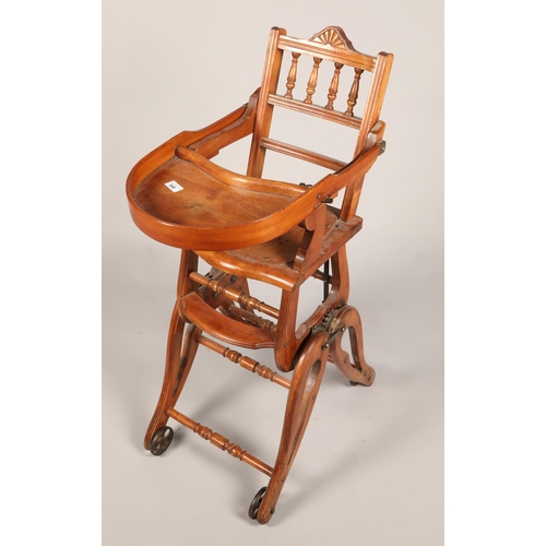 549 - Vintage pine children's high chair on rollers 