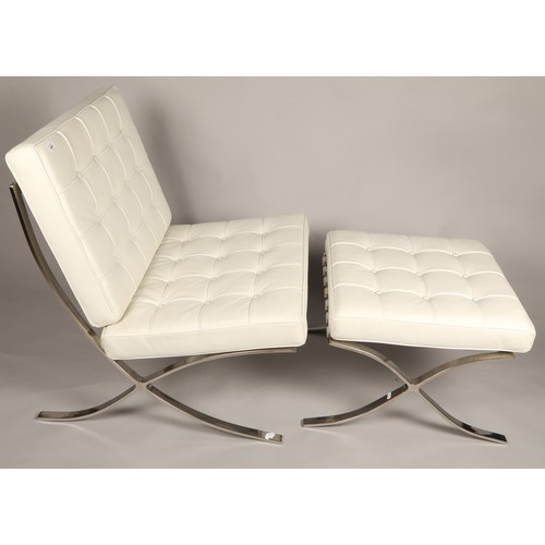 644 - White leather chrome frame Barcelona style chair and footstool