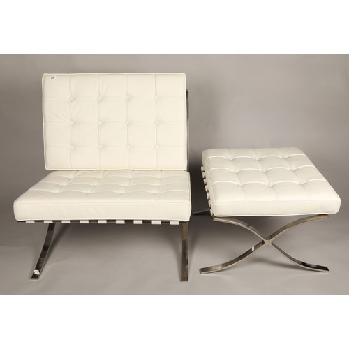 644 - White leather chrome frame Barcelona style chair and footstool