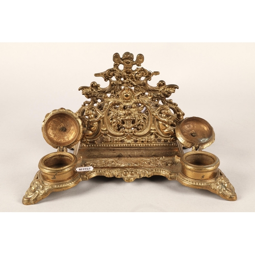 277 - Brass stationery stand with inkwells and letter rack