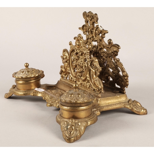 277 - Brass stationery stand with inkwells and letter rack