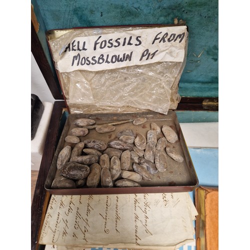 42 - Wooden box containing assorted ephemera to include local history interest, mining history, fossils s... 