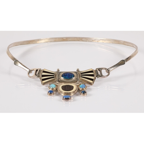 171 - Robert Crerar (Scottish) Silver torque necklace with opals, inlaid fans and drop, approximately 67.5... 