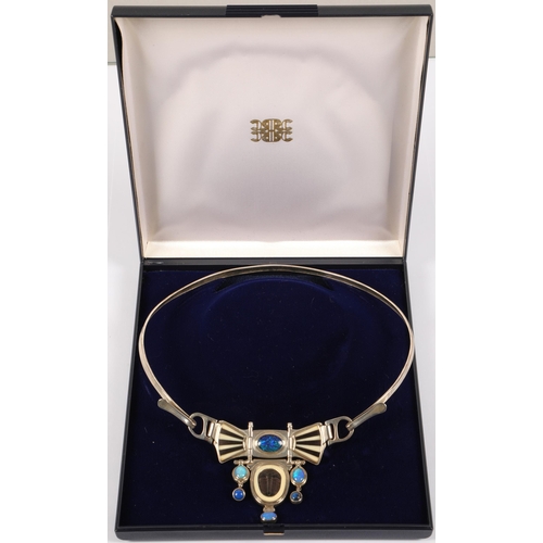 171 - Robert Crerar (Scottish) Silver torque necklace with opals, inlaid fans and drop, approximately 67.5... 