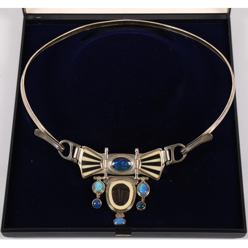 171 - Robert Crerar (Scottish) Silver torque necklace with opals, inlaid fans and drop, approximately 67.5... 