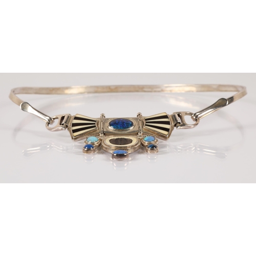 171 - Robert Crerar (Scottish) Silver torque necklace with opals, inlaid fans and drop, approximately 67.5... 