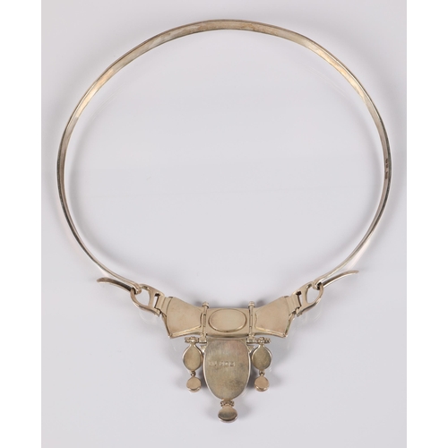 171 - Robert Crerar (Scottish) Silver torque necklace with opals, inlaid fans and drop, approximately 67.5... 