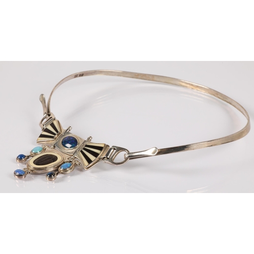 171 - Robert Crerar (Scottish) Silver torque necklace with opals, inlaid fans and drop, approximately 67.5... 