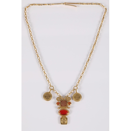 172 - Robert Crerar (Scottish) 18ct gold necklace of Egyptian inspiration with amber-style stone and whorl... 