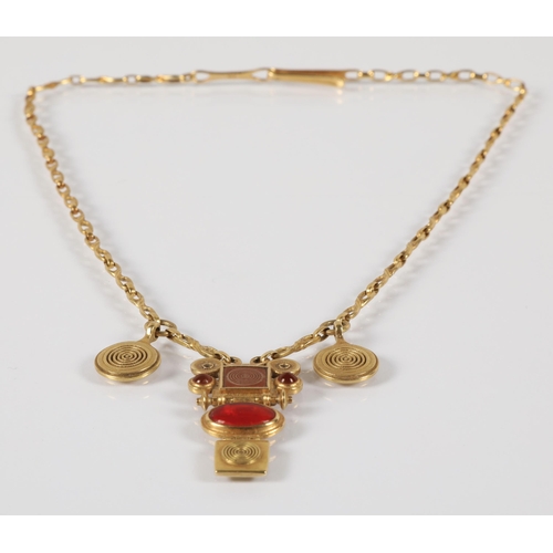 172 - Robert Crerar (Scottish) 18ct gold necklace of Egyptian inspiration with amber-style stone and whorl... 