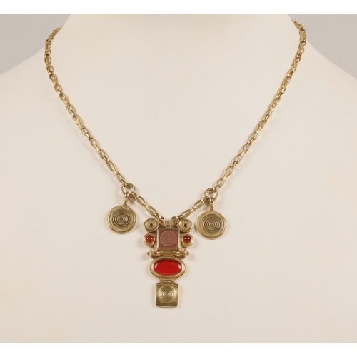 172 - Robert Crerar (Scottish) 18ct gold necklace of Egyptian inspiration with amber-style stone and whorl... 