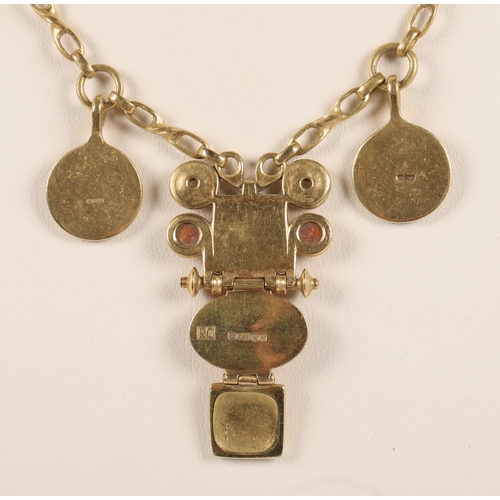 172 - Robert Crerar (Scottish) 18ct gold necklace of Egyptian inspiration with amber-style stone and whorl... 