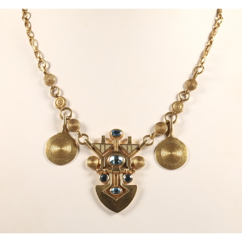 175 - Robert Crerar (Scottish) 18ct gold necklace of Egyptian inspiration with spear-shaped drop set with ... 