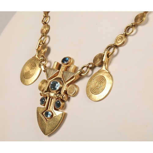 175 - Robert Crerar (Scottish) 18ct gold necklace of Egyptian inspiration with spear-shaped drop set with ... 