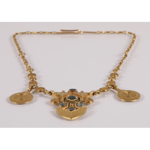 175 - Robert Crerar (Scottish) 18ct gold necklace of Egyptian inspiration with spear-shaped drop set with ... 