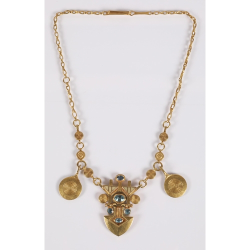 175 - Robert Crerar (Scottish) 18ct gold necklace of Egyptian inspiration with spear-shaped drop set with ... 