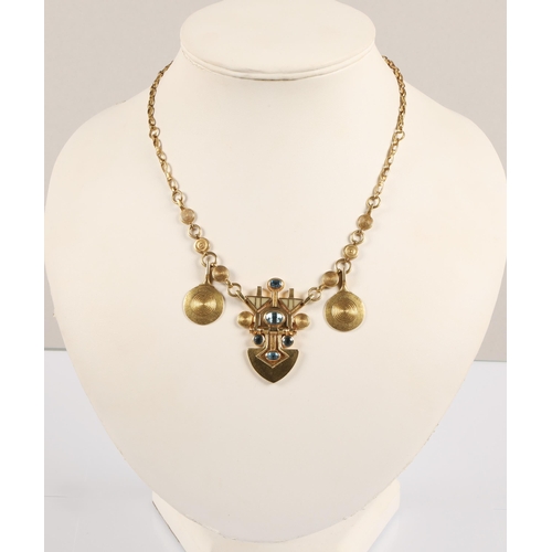 175 - Robert Crerar (Scottish) 18ct gold necklace of Egyptian inspiration with spear-shaped drop set with ... 